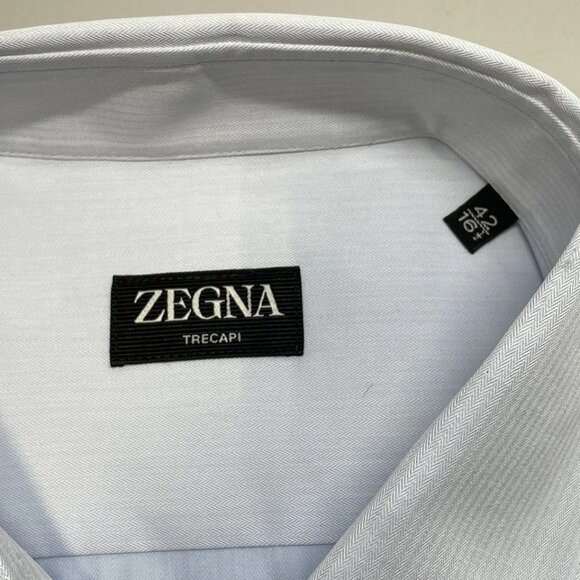 Zegna Men's Micro-Striped Trecapi Cotton Dress Shirt Light Blue Size 16.5 - Picture 5 of 6